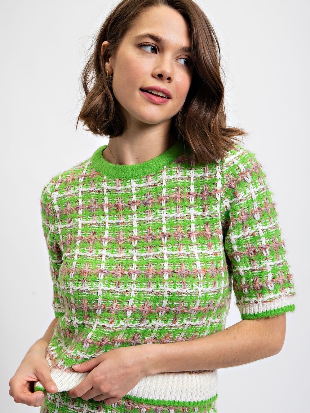 Easel Totally Buggin Tweed Sweater Top Lime Green Plaid 99s Clueless New Medium - Picture 8 of 14
